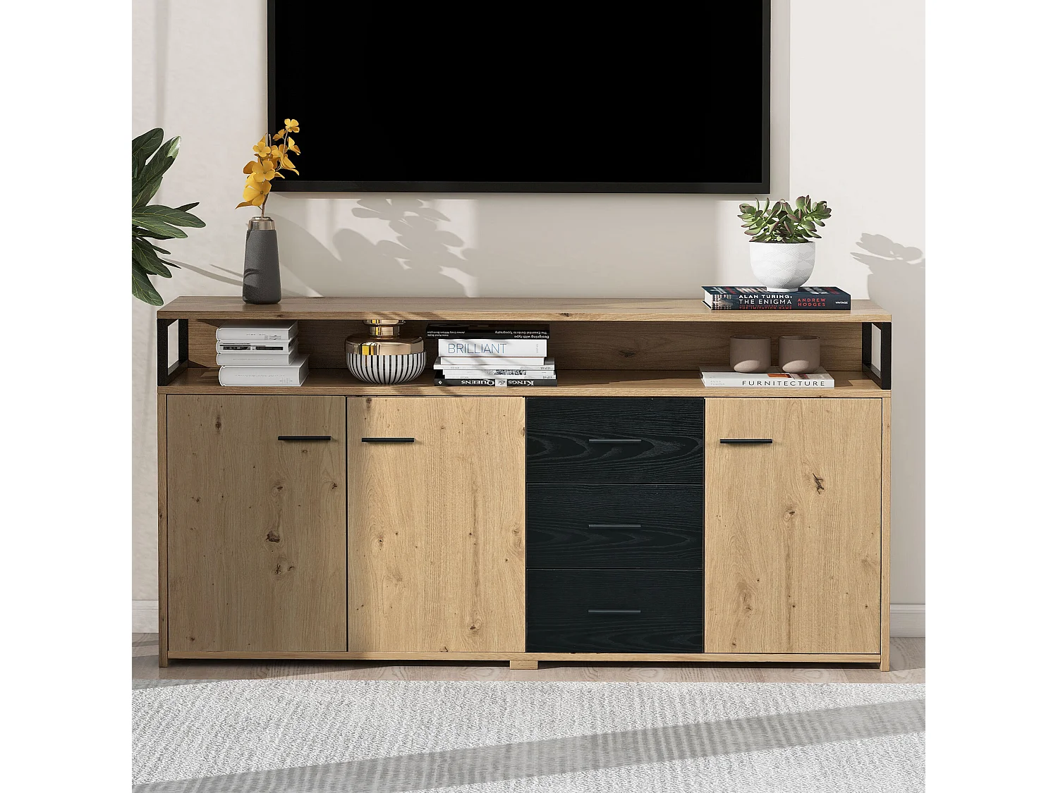 Dressoir met 3 deuren en 3 laden - spaanplaat - kleur naturel en zwart