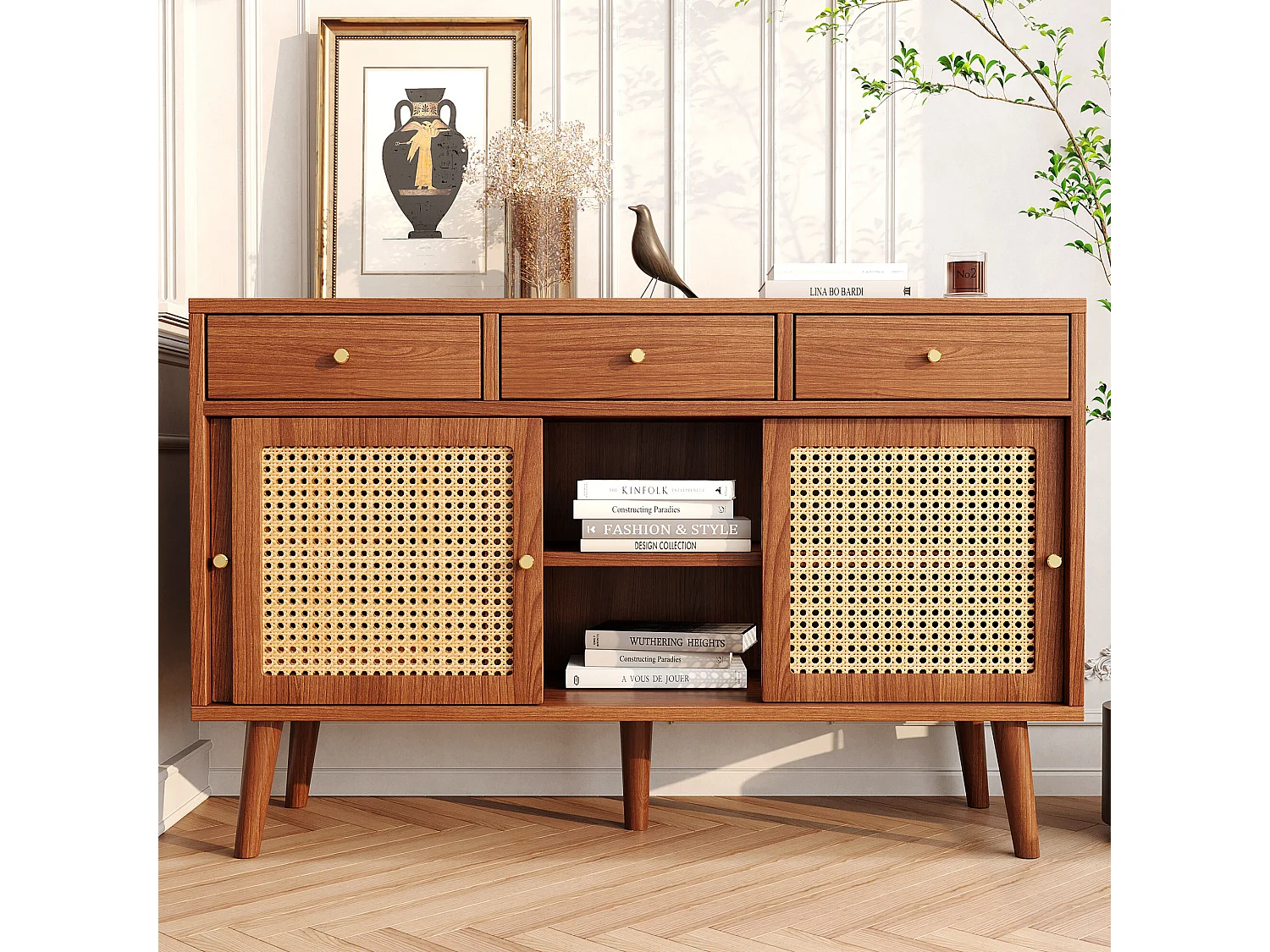 Dressoir met 3 schuifdeuren en 3 laden in MDF - rotaneffect - walnootkleur