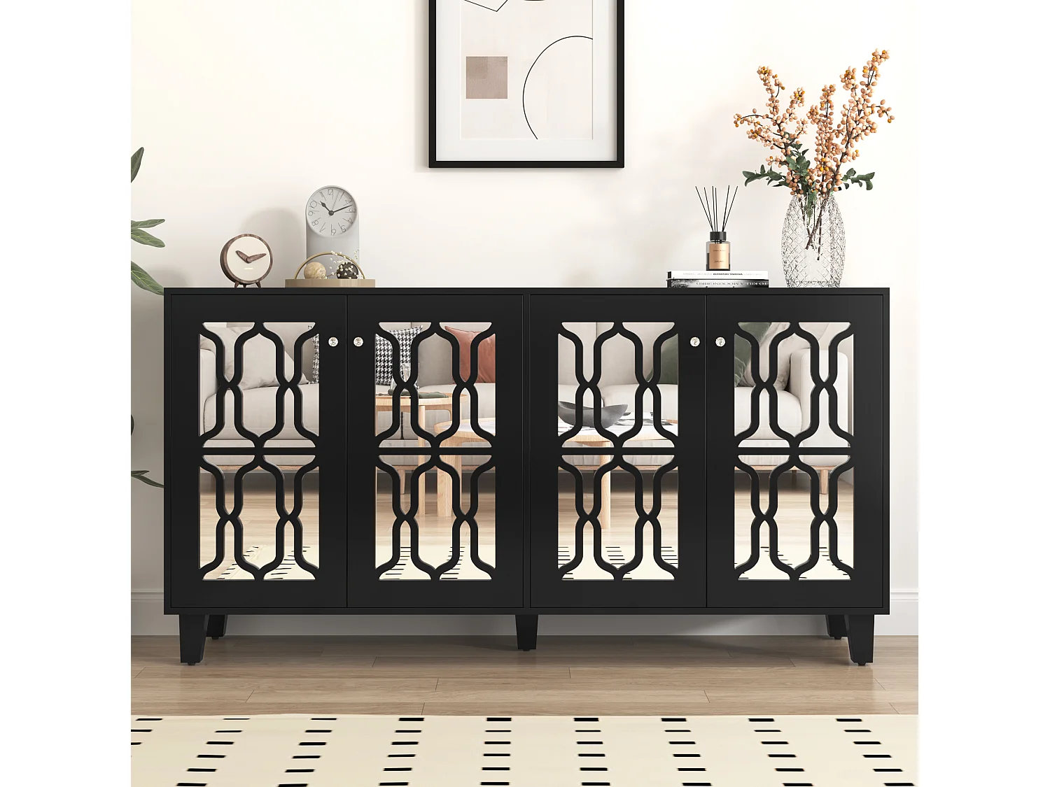 Dressoir met 4 spiegeldeuren in MDF - verstelbare plank - kleur zwart