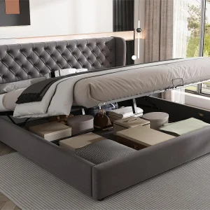 Fluweel gewatteerd opbergbed 180x200cm met lattenbodem – Grijs Fluweel gewatteerd opbergbed 180x200cm met lattenbodem – Grijs