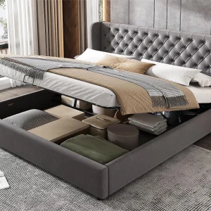 Fluweel gewatteerd opbergbed 160x200cm met lattenbodem – Grijs Fluweel gewatteerd opbergbed 160x200cm met lattenbodem – Grijs