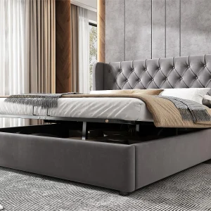 Fluweel gewatteerd opbergbed 140x200cm met lattenbodem – Grijs Fluweel gewatteerd opbergbed 140x200cm met lattenbodem – Grijs