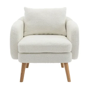 Fauteuil in teddystof met kussen – poten van massief hout – wit Fauteuil in teddystof met kussen – poten van massief hout – wit