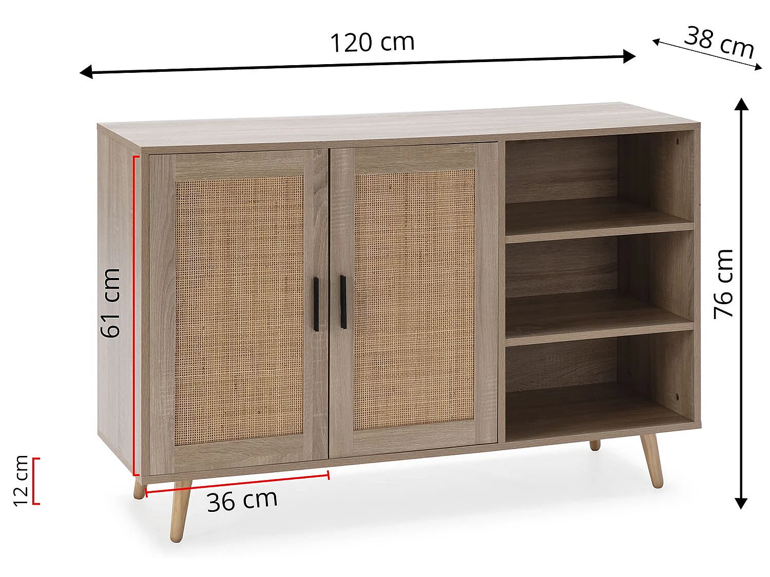 Dressoir Dalia 2 deuren en 3 vakken eiken kleur, 120 cm breed.