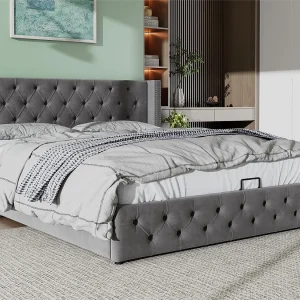Fluwelen opbergbed 180x200cm met lattenbodem – Grijs Fluwelen opbergbed 180x200cm met lattenbodem – Grijs