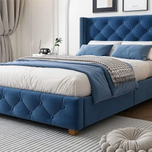 Eenpersoonsbed bekleed met fluweel – 90×200 cm – met lattenbodem – Blauw Eenpersoonsbed bekleed met fluweel – 90×200 cm – met lattenbodem – Blauw