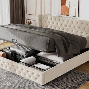 180x200cm fluwelen opbergbed met lattenbodem – Beige