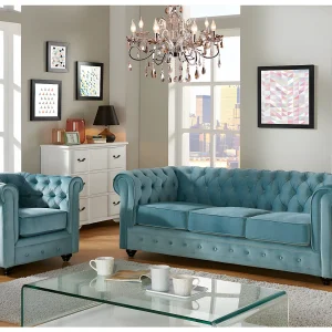 Driezitsbank en fauteuil van fluweel CHESTERFIELD – pastel blauw Driezitsbank en fauteuil van fluweel CHESTERFIELD – pastel blauw