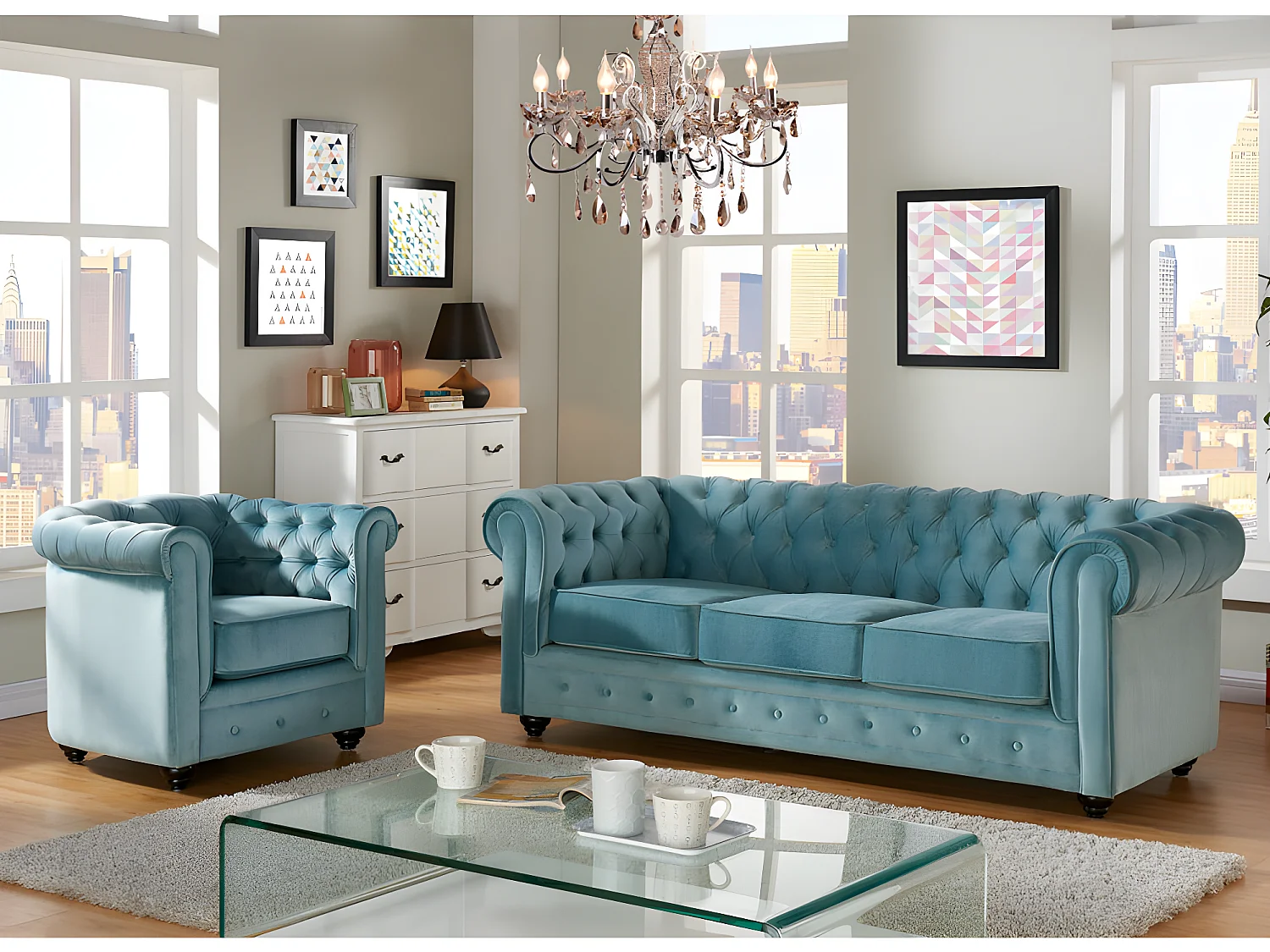 Driezitsbank en fauteuil van fluweel CHESTERFIELD - pastel blauw