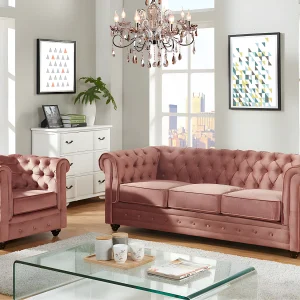 Driezitsbank en fauteuil van fluweel CHESTERFIELD – pastel roze Driezitsbank en fauteuil van fluweel CHESTERFIELD – pastel roze