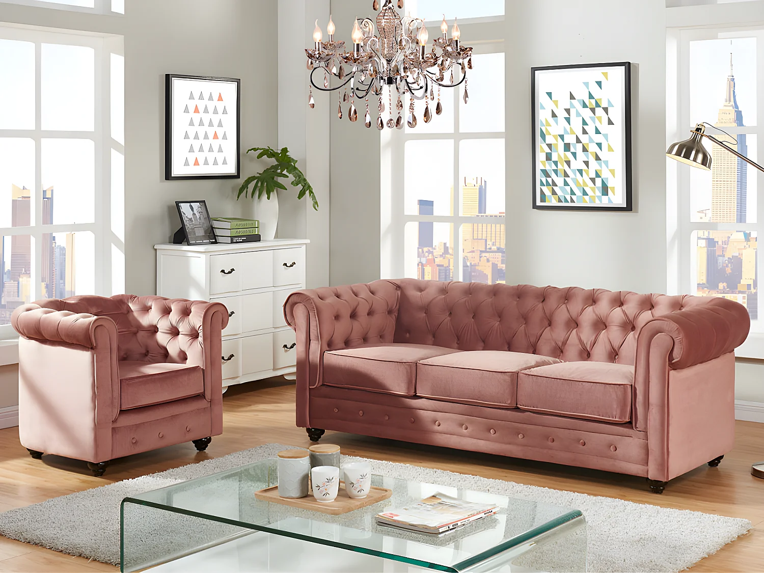 Driezitsbank en fauteuil van fluweel CHESTERFIELD - pastel roze