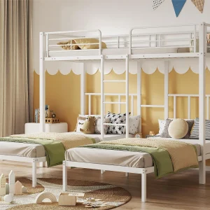 Driedubbel stapelbed 3x90x200cm met ladder en dienblad – metalen frame – Wit Driedubbel stapelbed 3x90x200cm met ladder en dienblad – metalen frame – Wit