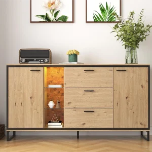 Dressoir met 2 deuren, 3 lades en glazen planken – spaanplaat – natuurlijke kleur en zwart metaal Dressoir met 2 deuren, 3 lades en glazen planken – spaanplaat – natuurlijke kleur en zwart metaal