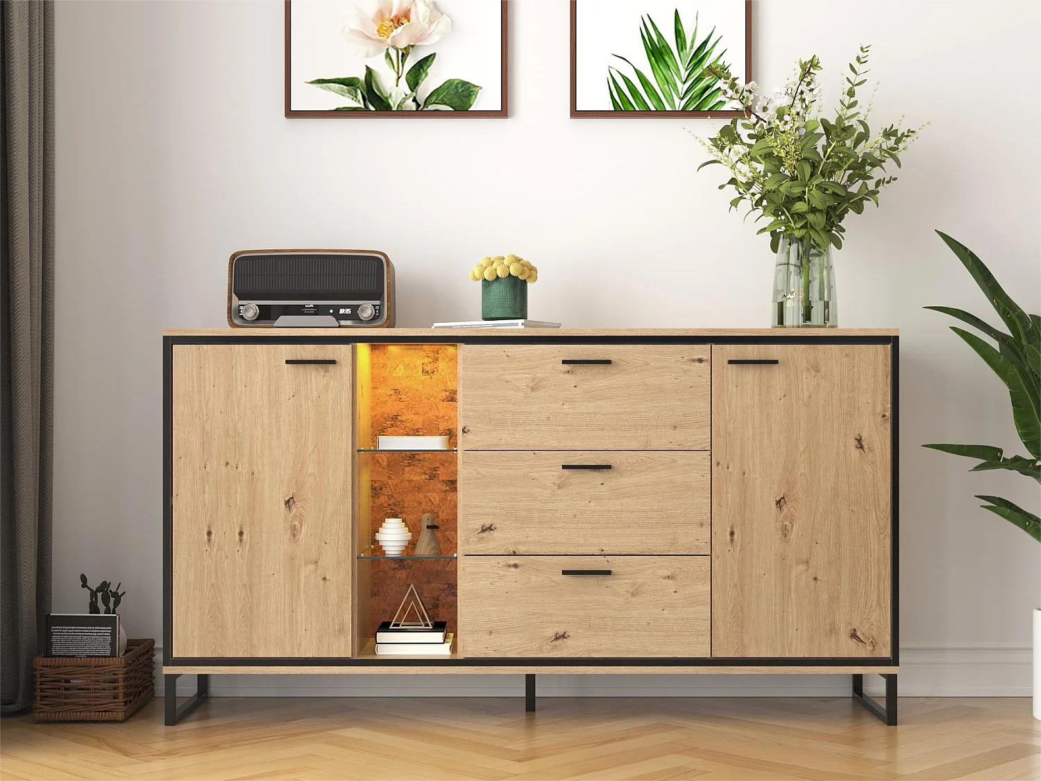 Dressoir met 2 deuren, 3 lades en glazen planken - spaanplaat - natuurlijke kleur en zwart metaal