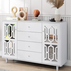 Dressoir met 2 spiegeldeuren en 4 MDF laden – kristallen handgrepen – wit gelakt Dressoir met 2 spiegeldeuren en 4 MDF laden – kristallen handgrepen – wit gelakt