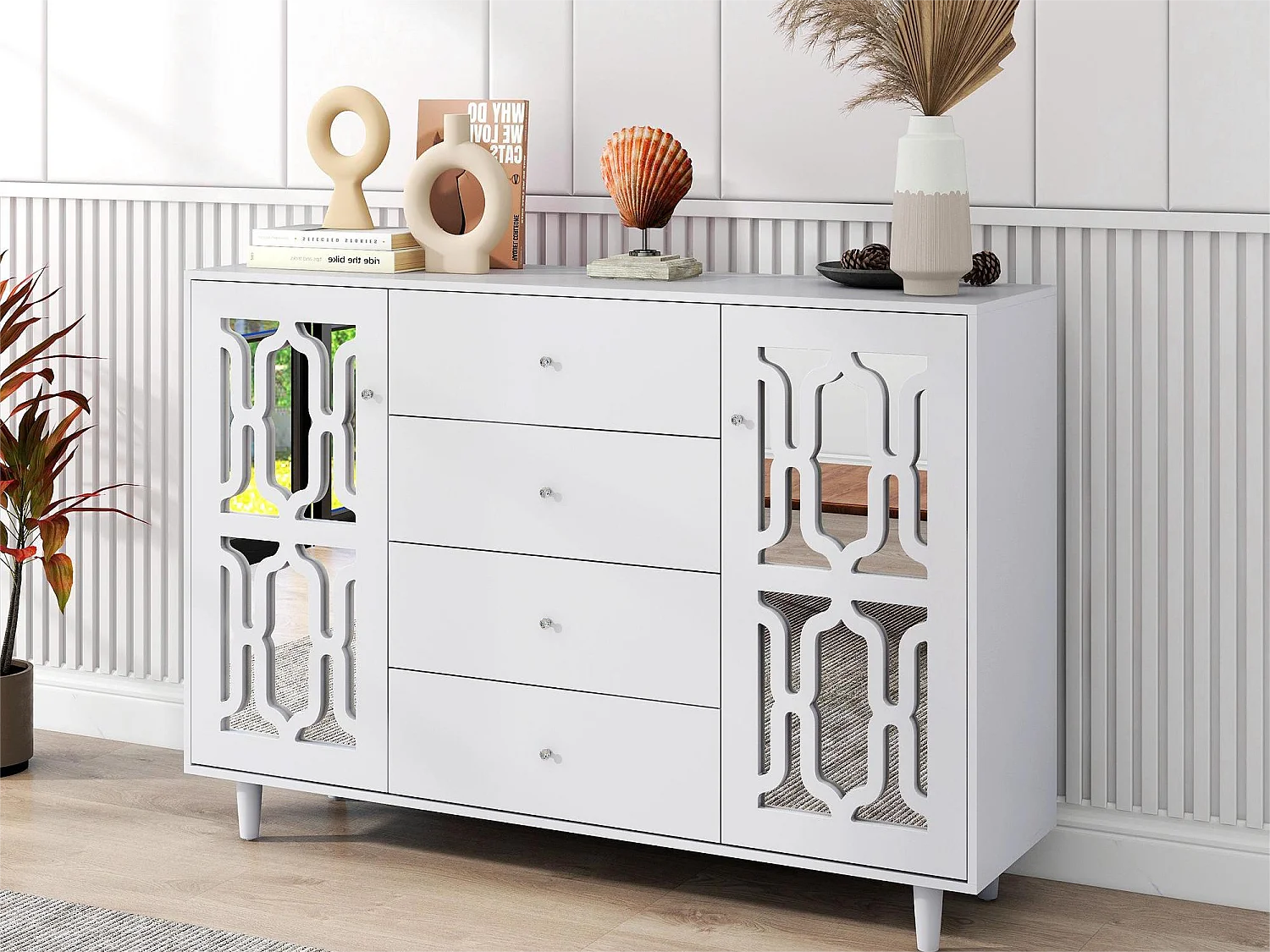 Dressoir met 2 spiegeldeuren en 4 MDF laden - kristallen handgrepen - wit gelakt