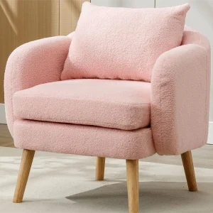 Fauteuil in teddystof met kussen – poten van massief hout – roze Fauteuil in teddystof met kussen – poten van massief hout – roze