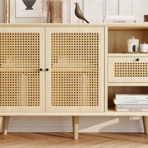 Dressoir met 2 deuren, 1 lade en 2 nissen in MDF – rotaneffect – natuurlijke kleur Dressoir met 2 deuren, 1 lade en 2 nissen in MDF – rotaneffect – natuurlijke kleur