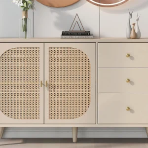 Dressoir met 2 deuren en 3 laden in spaanpanelen – rotaneffect – witte crèmekleur Dressoir met 2 deuren en 3 laden in spaanpanelen – rotaneffect – witte crèmekleur