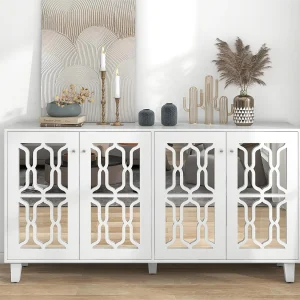 Dressoir met 4 spiegeldeuren in MDF – verstelbare plank – witte kleur Dressoir met 4 spiegeldeuren in MDF – verstelbare plank – witte kleur