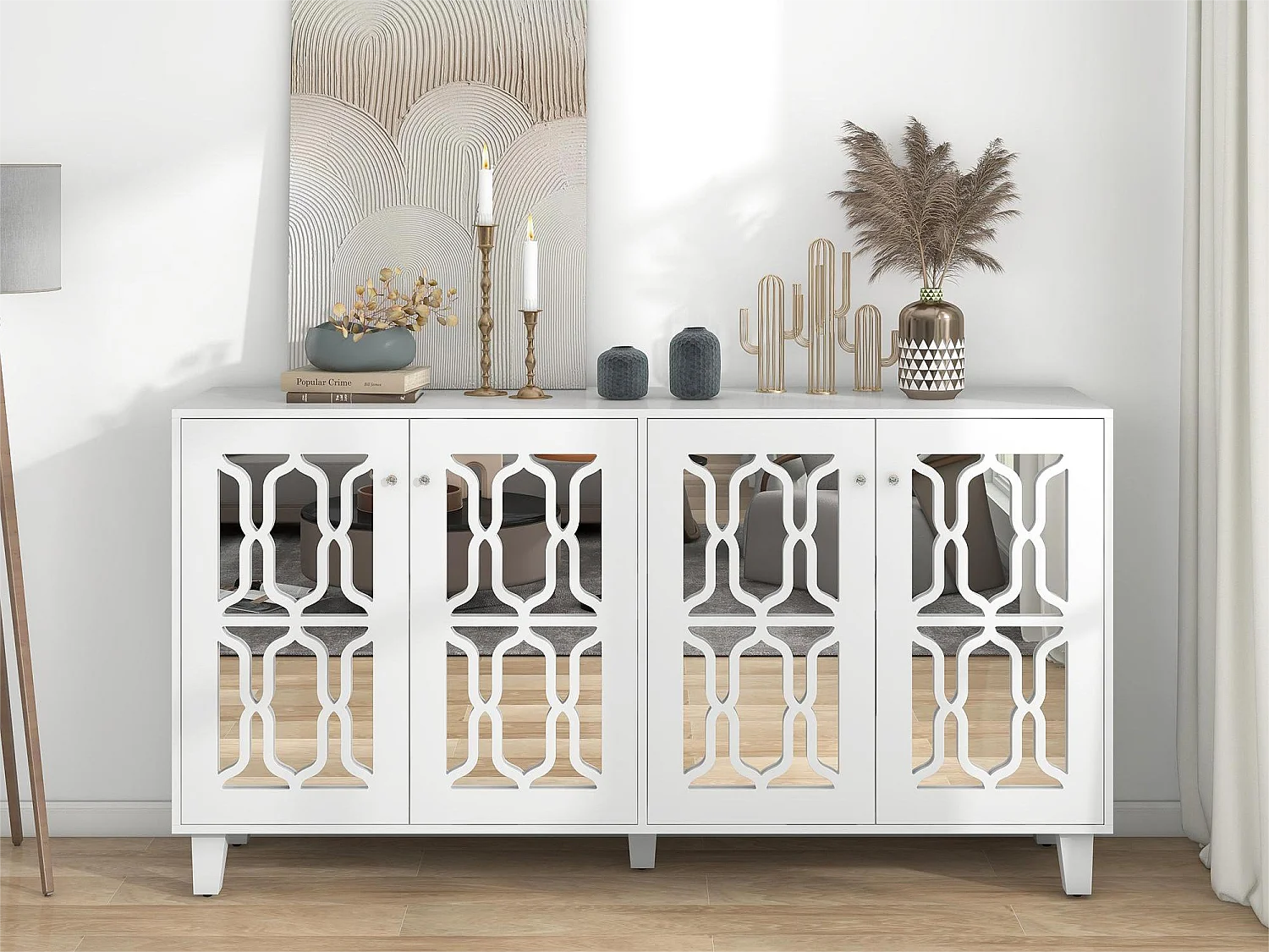 Dressoir met 4 spiegeldeuren in MDF - verstelbare plank - witte kleur