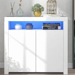 Dressoir met 2 deuren en 2 planken in MDF – met LED's – wit gelakt Dressoir met 2 deuren en 2 planken in MDF – met LED's – wit gelakt