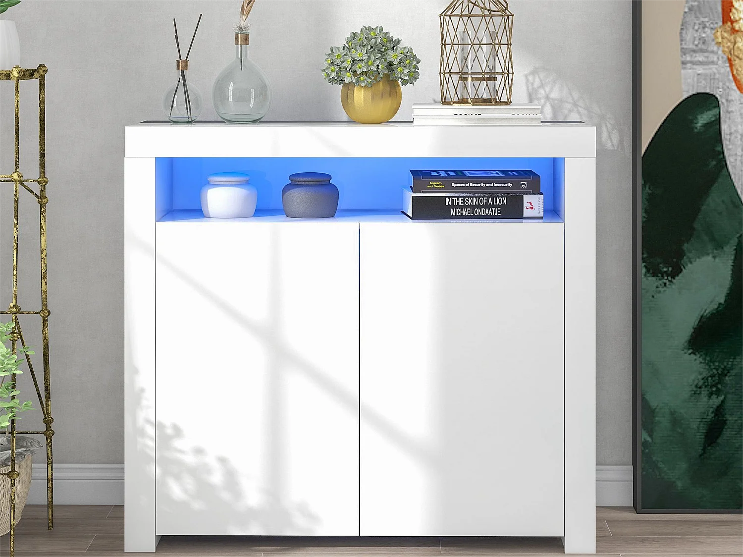 Dressoir met 2 deuren en 2 planken in MDF - met LED's - wit gelakt