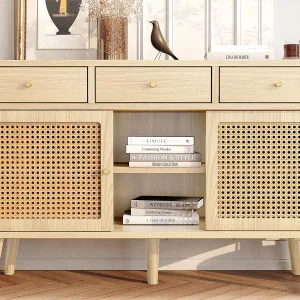 Dressoir met 3 schuifdeuren en 3 laden in MDF – rotaneffect – natuurlijke kleur Dressoir met 3 schuifdeuren en 3 laden in MDF – rotaneffect – natuurlijke kleur