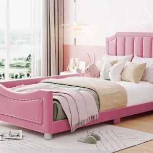 Eenpersoonsbed 90x200cm voor kinderen – fluwelen slaapbank – Roze