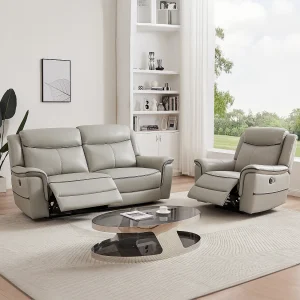 Elektrische driezitsrelaxbank en -fauteuil van lichtgrijs leer ADELIO Elektrische driezitsrelaxbank en -fauteuil van lichtgrijs leer ADELIO