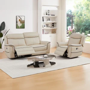 Elektrische driezitsrelaxbank en -fauteuil van beige leer ROVETO Elektrische driezitsrelaxbank en -fauteuil van beige leer ROVETO