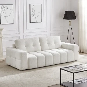 Driezitsbank van witte boucléstof met design-stijl SOPELANA Driezitsbank van witte boucléstof met design-stijl SOPELANA