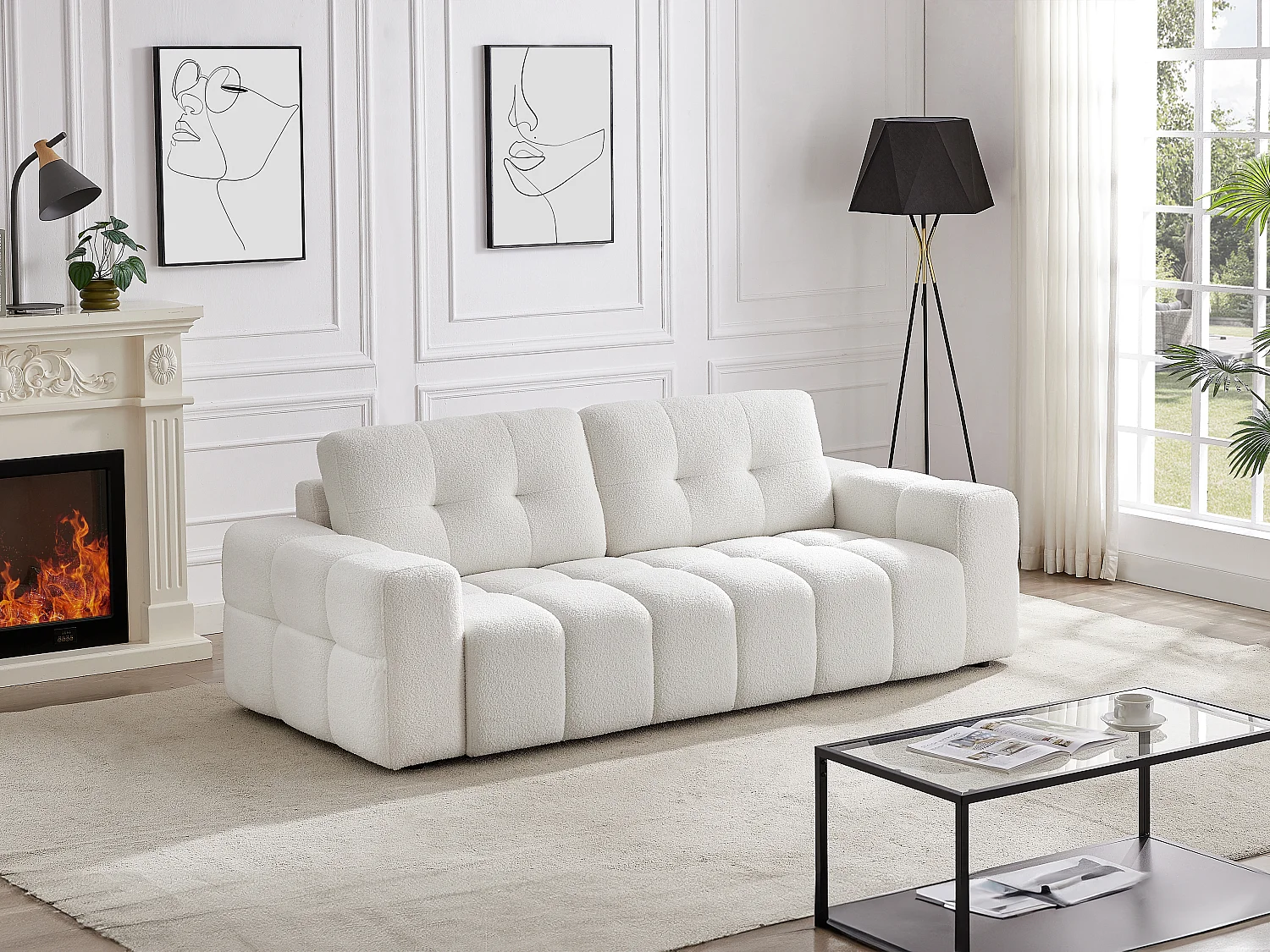 Driezitsbank van witte boucléstof met design-stijl SOPELANA