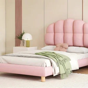 Eenpersoons kinderbed 90x200cm bekleed met French Terry stof – marshmallow-vormig hoofdeinde – met MDF lattenbodem – Roze Eenpersoons kinderbed 90x200cm bekleed met French Terry stof – marshmallow-vormig hoofdeinde – met MDF lattenbodem – Roze