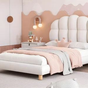 Eenpersoons kinderbed 90x200cm bekleed met French Terry stof – marshmallow-vormig hoofdeinde – met MDF lattenbodem – Wit Eenpersoons kinderbed 90x200cm bekleed met French Terry stof – marshmallow-vormig hoofdeinde – met MDF lattenbodem – Wit