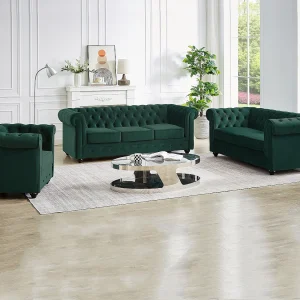 Drie- en tweezitsbank en fauteuil van groen velours CHESTERFIELD