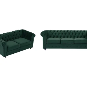 Drie- en tweezitsbank van groen velours CHESTERFIELD