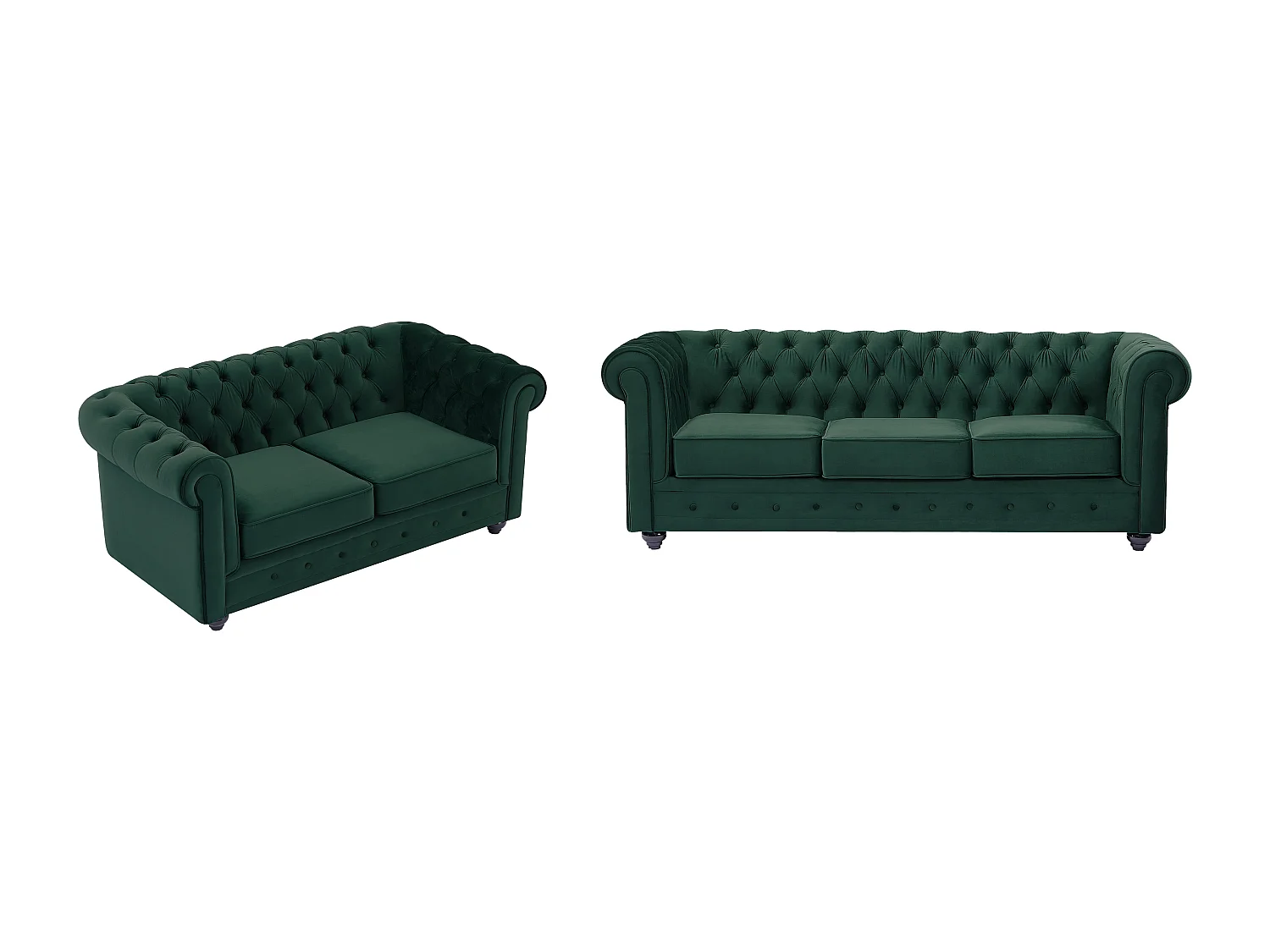 Drie- en tweezitsbank van groen velours CHESTERFIELD