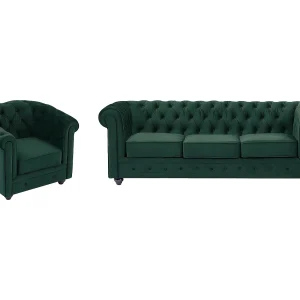 Driezitsbank en fauteuil van groen velours CHESTERFIELD