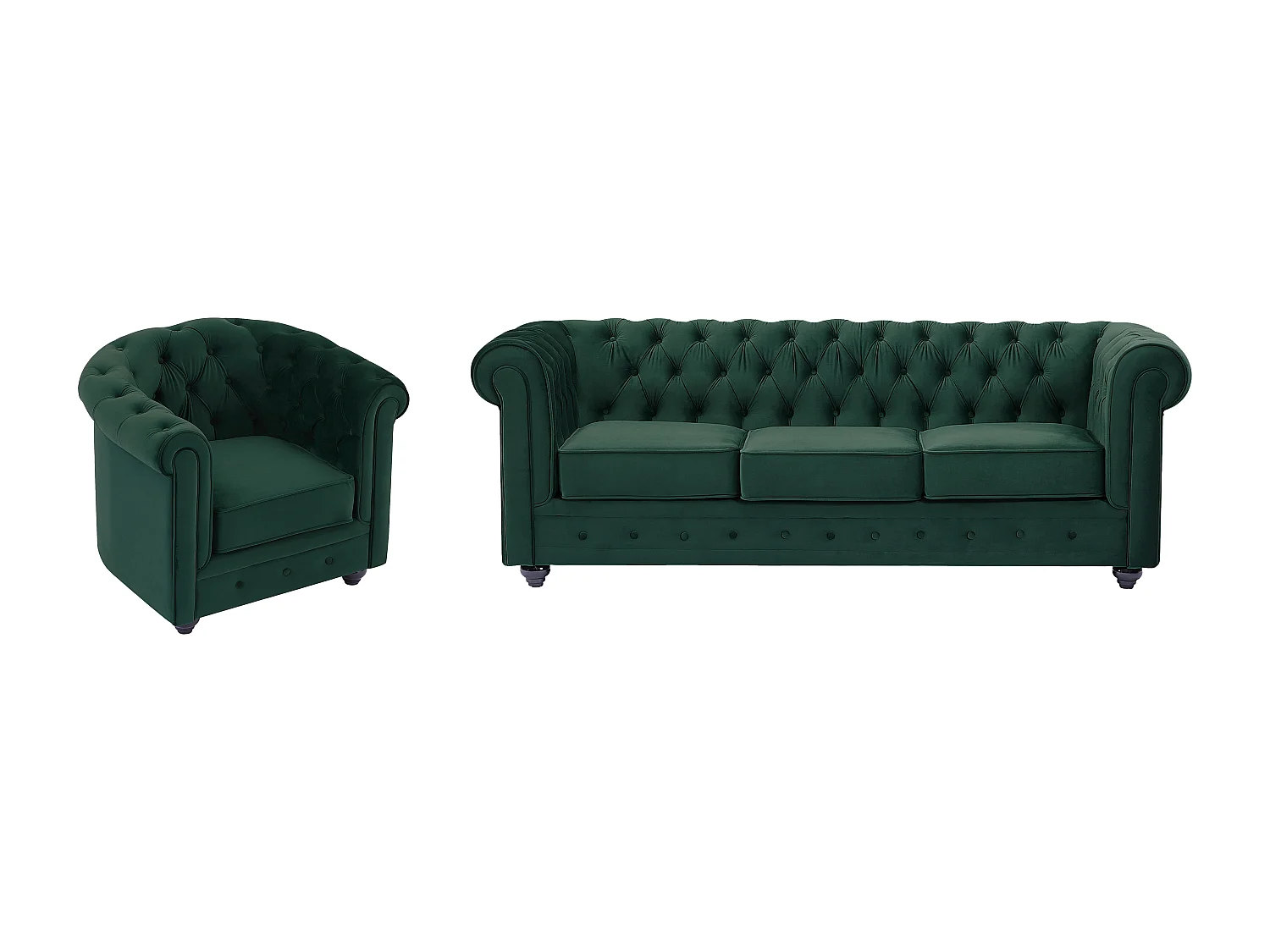Driezitsbank en fauteuil van groen velours CHESTERFIELD