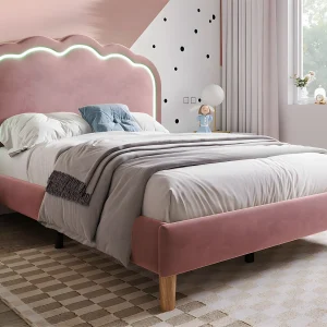 Bed 90x200cm bekleed met fluweel – met LED en lattenbodem – Roze Bed 90x200cm bekleed met fluweel – met LED en lattenbodem – Roze
