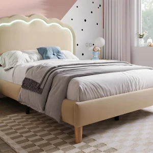 Bed 90x200cm bekleed met linnen – met LED en lattenbodem – Beige Bed 90x200cm bekleed met linnen – met LED en lattenbodem – Beige