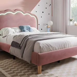 Bed 90x190cm bekleed met fluweel – met LED en lattenbodem – Roze Bed 90x190cm bekleed met fluweel – met LED en lattenbodem – Roze