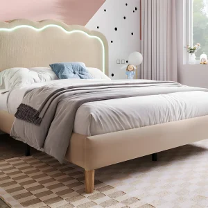 Bed 140x200cm bekleed met linnen – met LED en lattenbodem – Beige