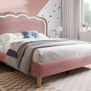 Bed 140x200cm bekleed met fluweel – met LED en lattenbodem – Roze
