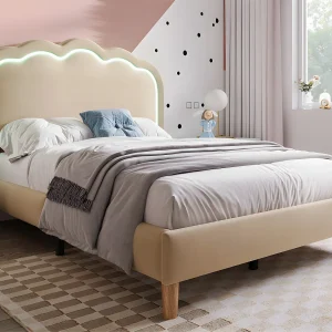 Bed 90x190cm opgevuld met linnen – met LED en lattenbodem – Beige Bed 90x190cm opgevuld met linnen – met LED en lattenbodem – Beige