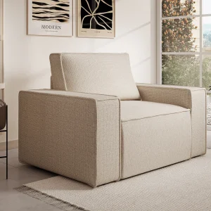 Fauteuil van beige stof met textuur met designstijl AMELIA Fauteuil van beige stof met textuur met designstijl AMELIA