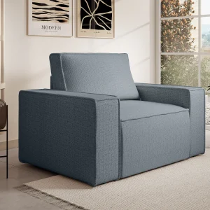 Fauteuil van blauwe stof met textuur met designstijl AMELIA Fauteuil van blauwe stof met textuur met designstijl AMELIA