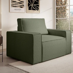 Fauteuil van groene stof met textuur met designstijl AMELIA Fauteuil van groene stof met textuur met designstijl AMELIA