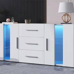 Dressoir met 2 deuren en 3 lades – LED's – MDF-hout – voor woonkamer, eetkamer – wit Dressoir met 2 deuren en 3 lades – LED's – MDF-hout – voor woonkamer, eetkamer – wit